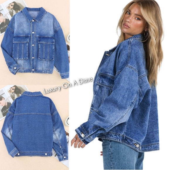 Oversized Denim Jacket Button-Up Collared Retro 90s Boyfriend Heavy Blue Jean - Picture 13 of 16